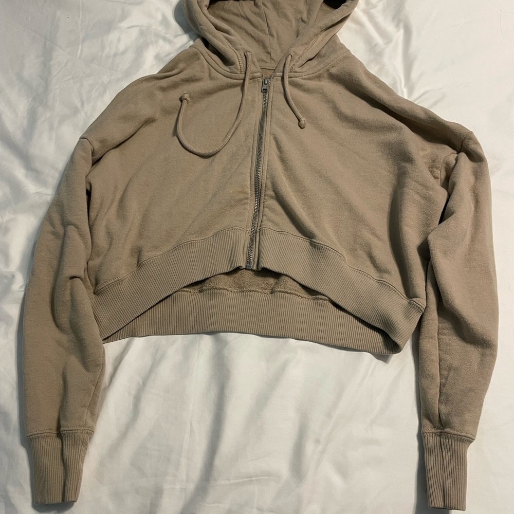 Hollister Tan Cropped Zip-Up Hoodie, Size S